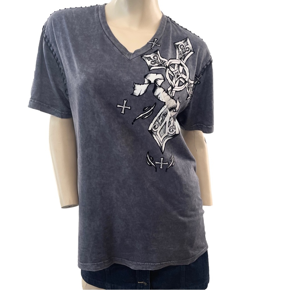 Raw State- Slate Tie Dye Stitch Seam V-Neck Graphic Tee- L